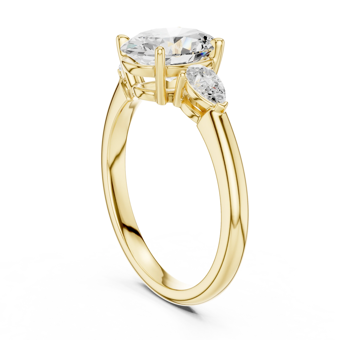 Back side view of yellow gold oval three-stone ring with pear side stones and lab-grown diamond – Australia