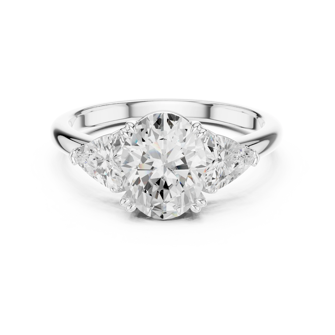 Oval three-stone ring in white gold with trillion cut side stones and lab-grown diamond – Australia