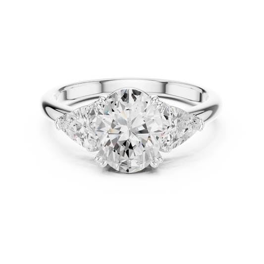 Oval three-stone ring in white gold with trillion cut side stones and lab-grown diamond – Australia