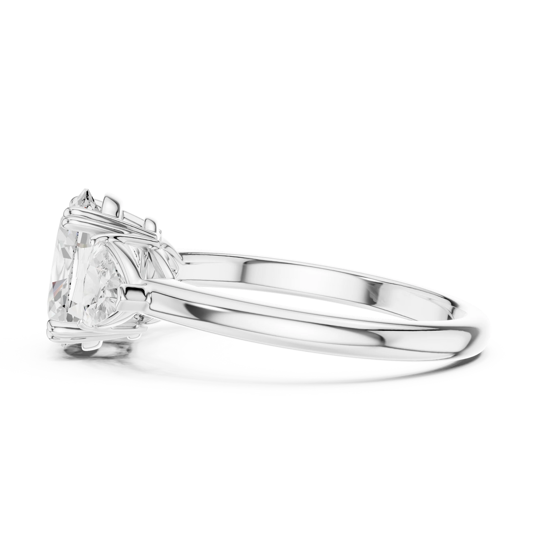 Side view of white gold oval three-stone ring with trillion cut side stones and lab-grown diamond – Australia