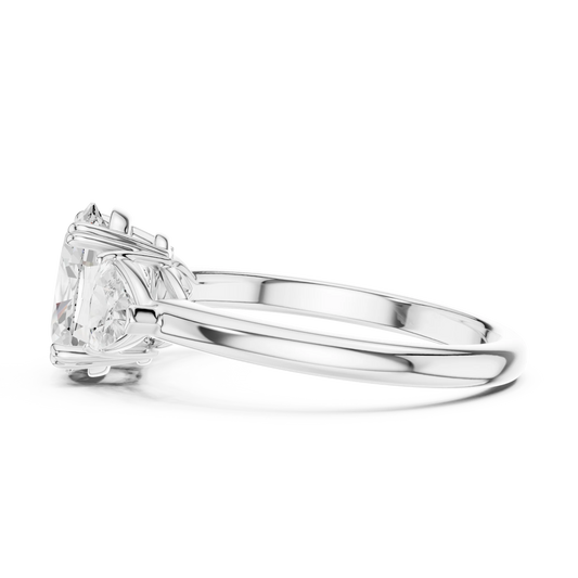 Side view of white gold oval three-stone ring with trillion cut side stones and lab-grown diamond – Australia