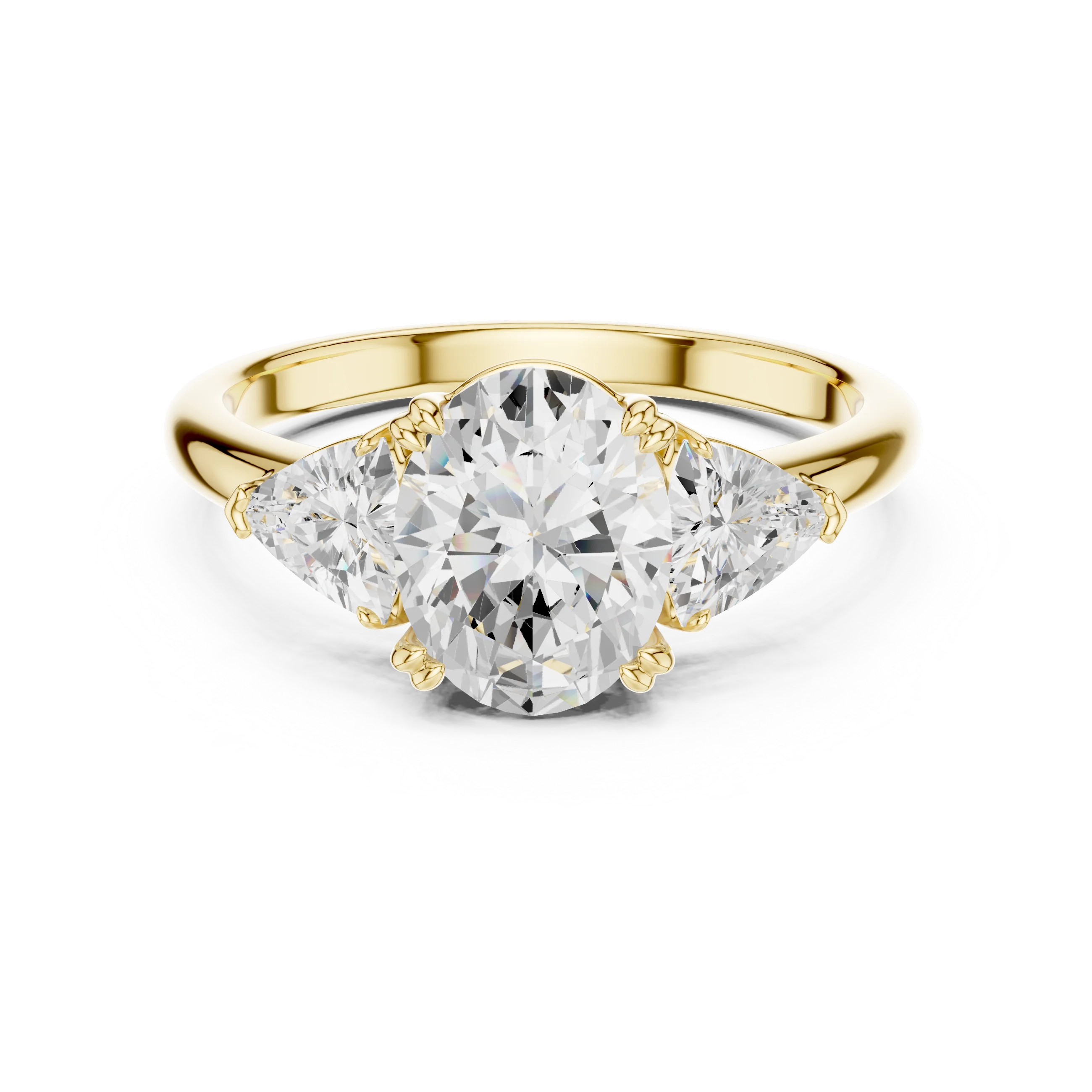 Oval three-stone ring in yellow gold with trillion cut side stones and lab-grown diamond – Australia