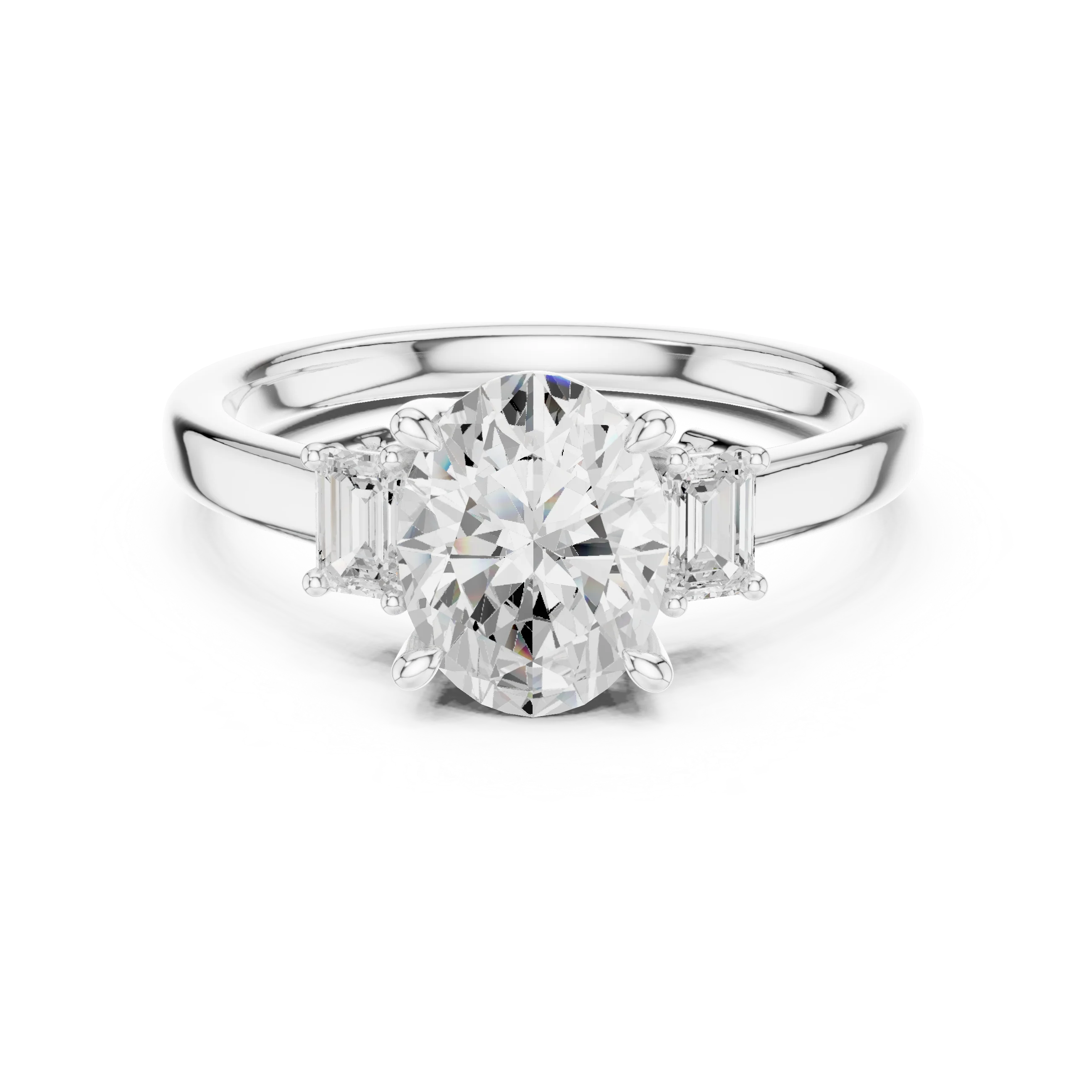 Lab-grown oval cut three stone diamond ring in white gold, elegant top view.