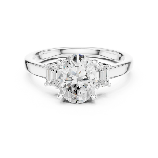 Lab-grown oval cut three stone diamond ring in white gold, elegant top view.