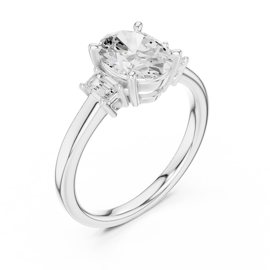 Front view of white gold oval cut three stone diamond ring, showcasing center and side stones