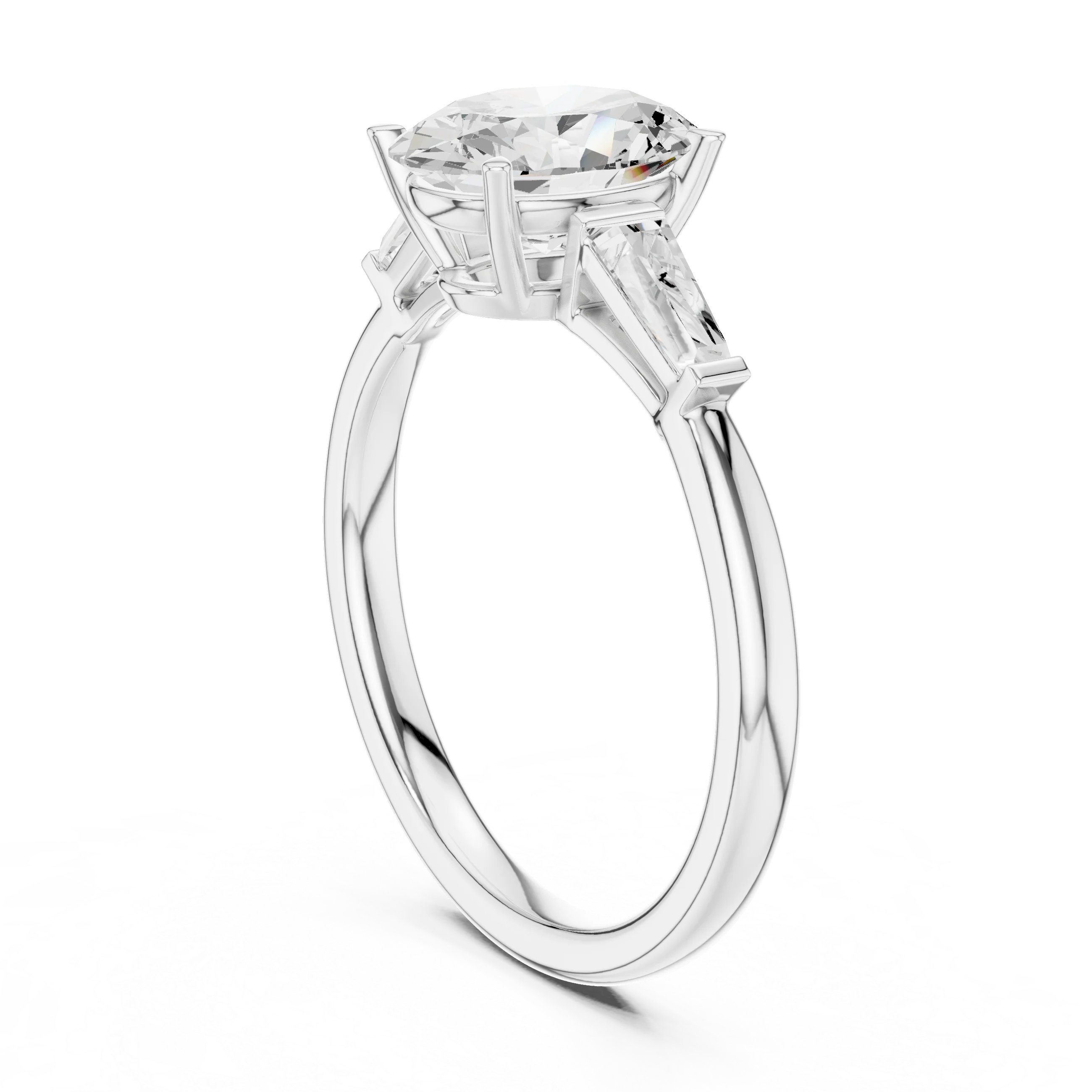Back view of white gold oval three stone ring featuring tapered baguette side stones and polished band
