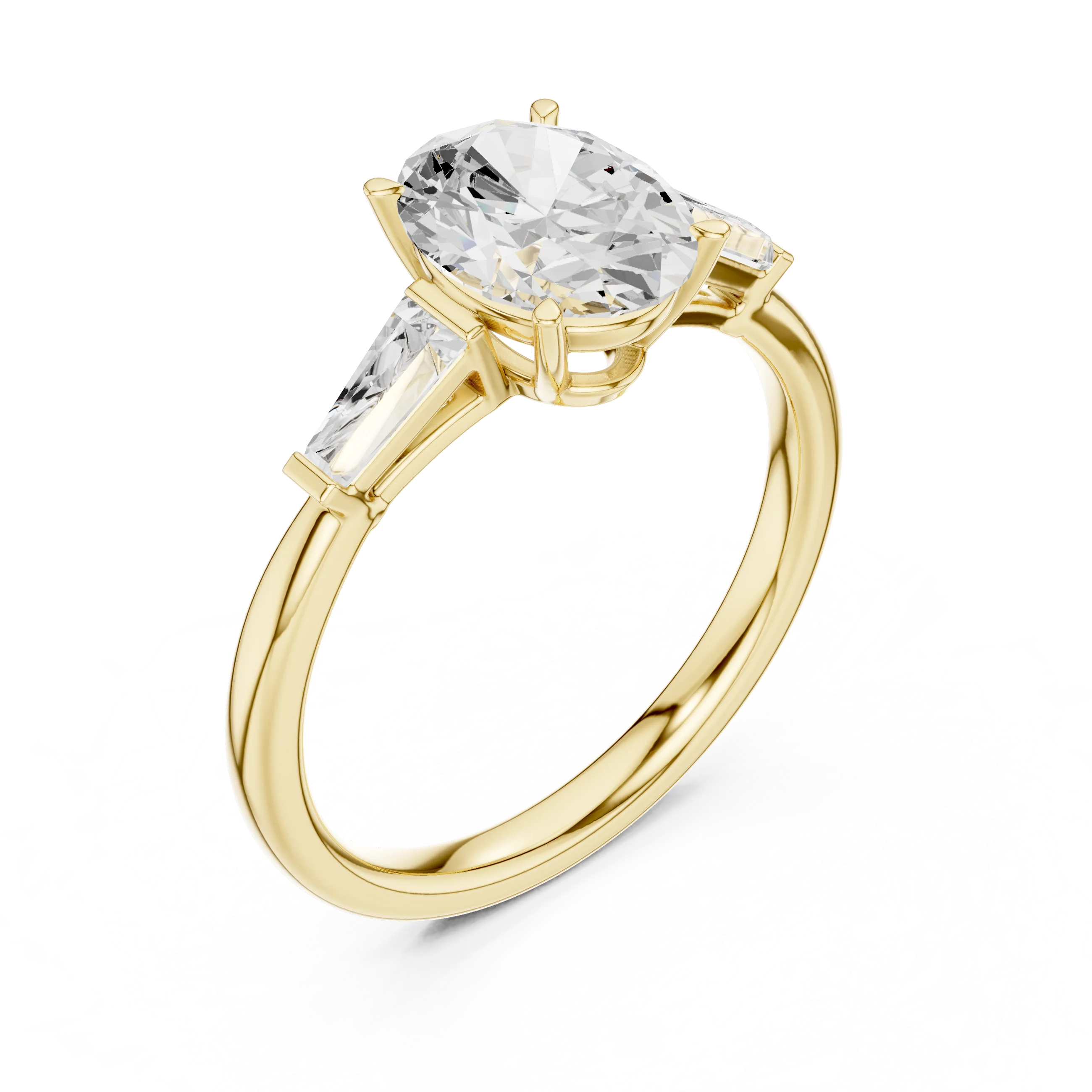 Front view of yellow gold oval three stone ring with tapered baguette side stones and lab-grown diamonds