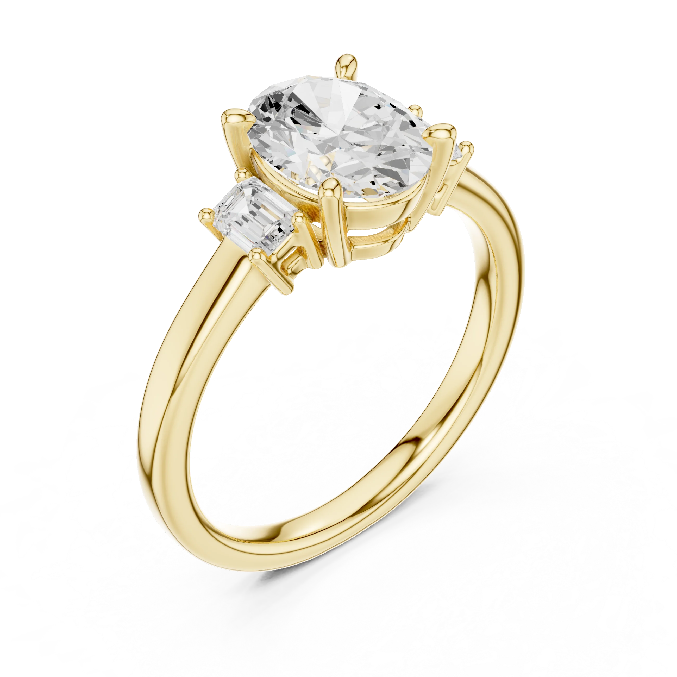 Front view of yellow gold oval three stone diamond ring, emphasizing brilliance.