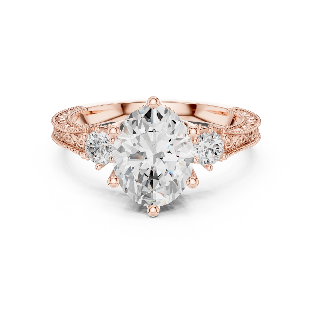 Oval three stone vintage ring with round brilliant side stones and filigree milgrain band in rose gold with modern romantic finish