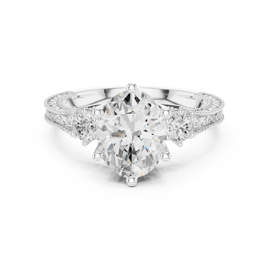 Oval three stone vintage ring with round brilliant side stones and filigree milgrain band in white gold with lab-grown diamonds, Australia collection