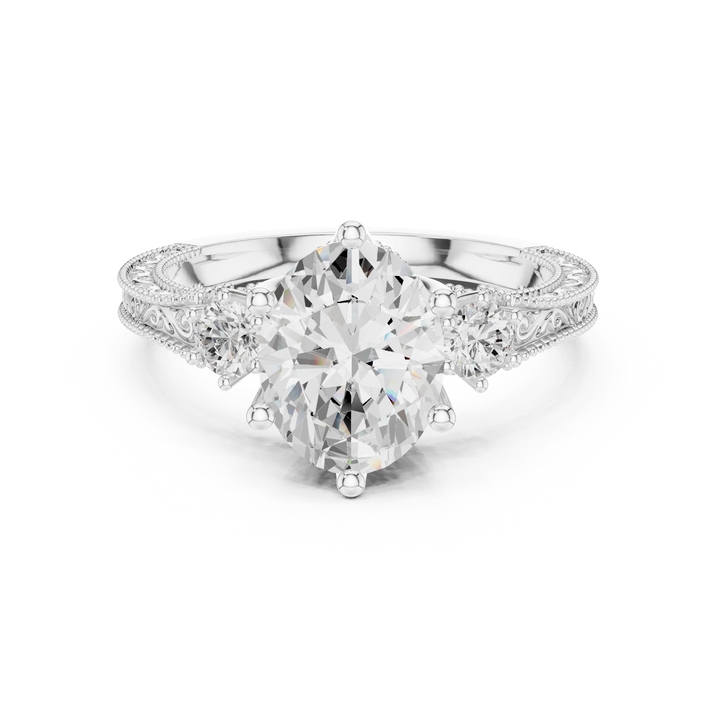 Oval three stone vintage ring with round brilliant side stones and filigree milgrain band in white gold with lab-grown diamonds, Australia collection