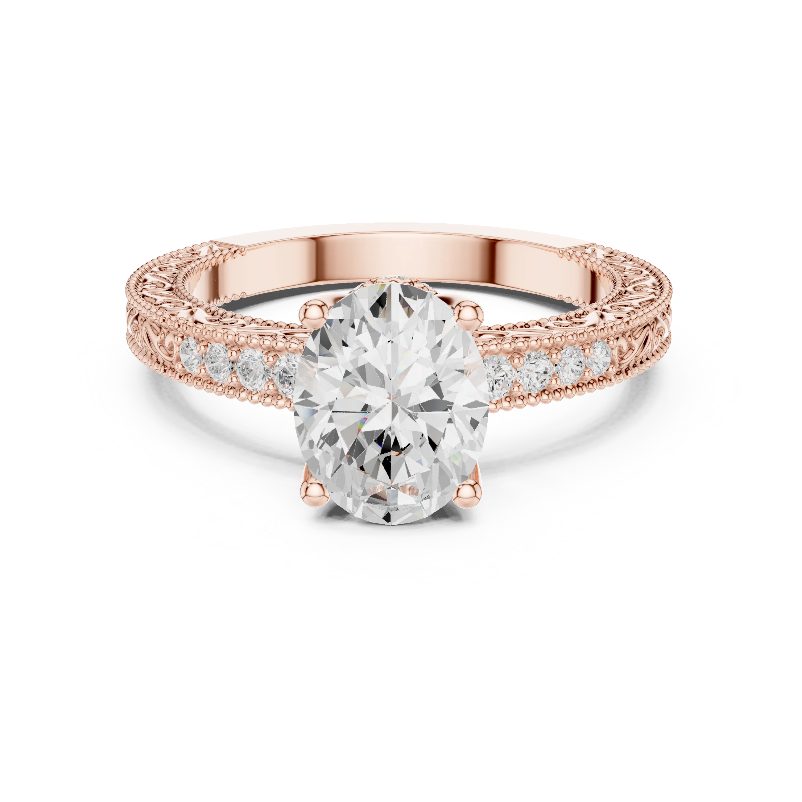 Oval vintage filigree ring with milgrain and channel-set diamond band in rose gold with oval lab diamond