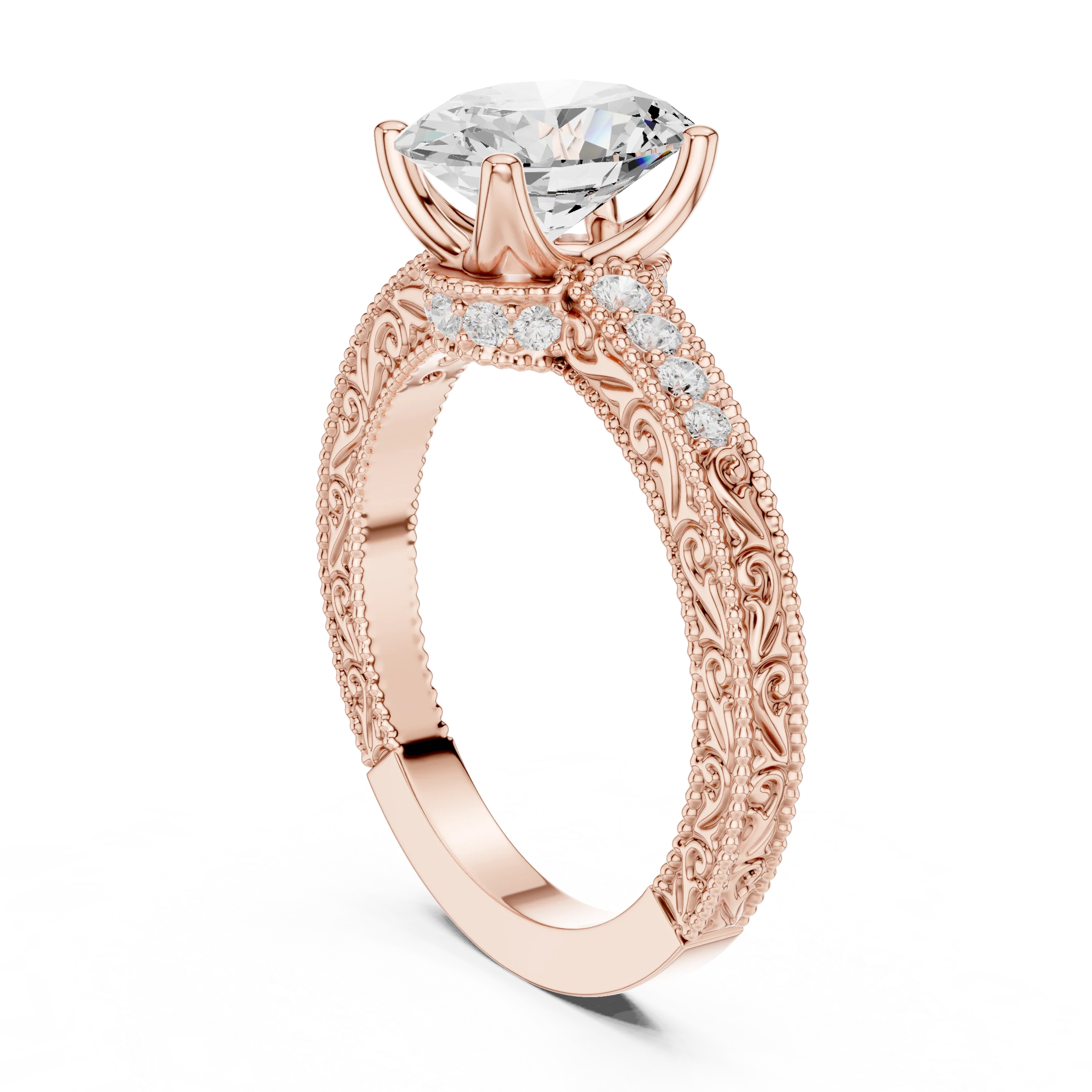 Front view of oval vintage filigree rose gold ring with milgrain and channel-set diamond band and oval lab diamond