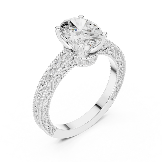 Back view of oval vintage filigree ring with milgrain detailing and channel-set diamond band in white gold