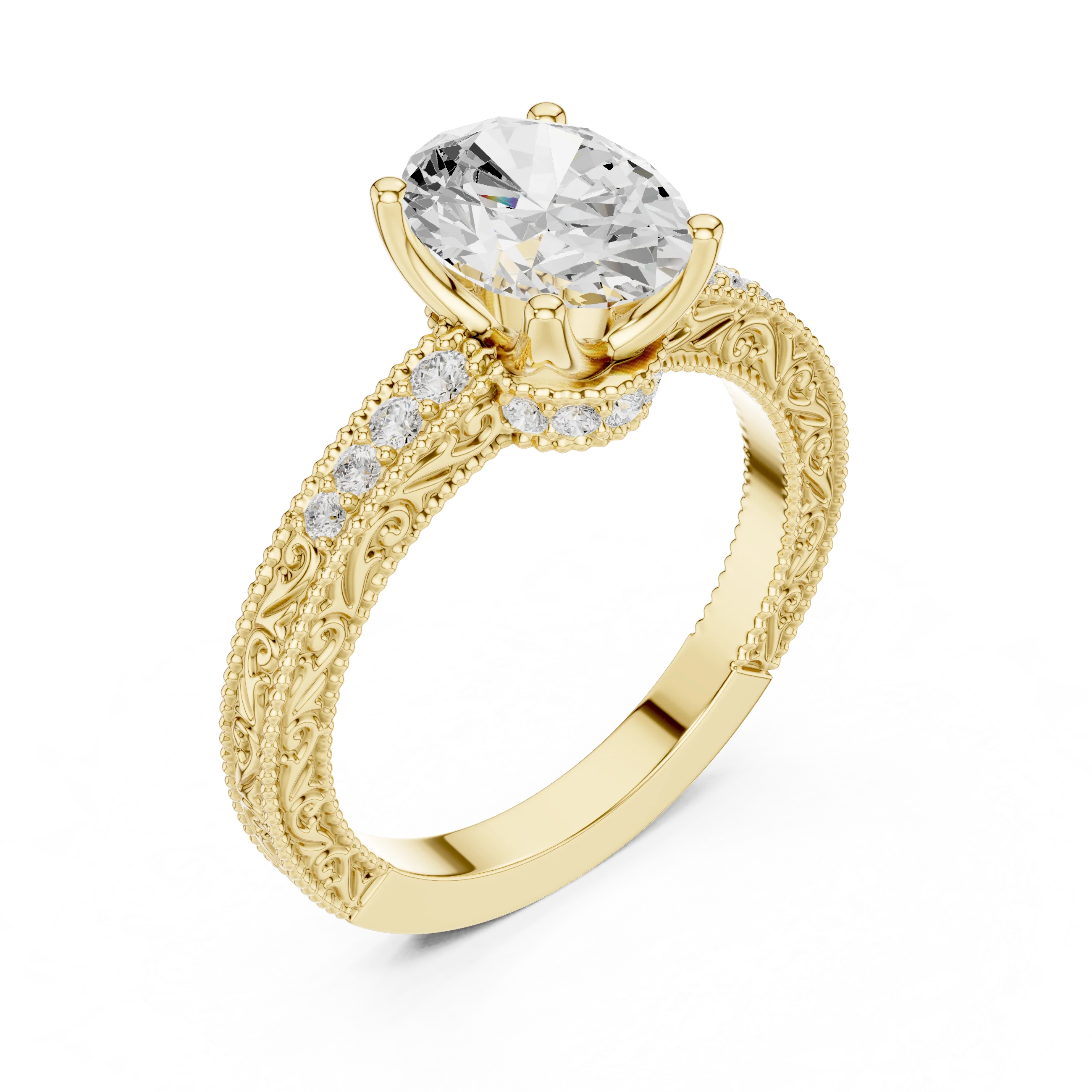 Back view of oval vintage filigree ring with milgrain detailing and channel-set diamond band in yellow gold