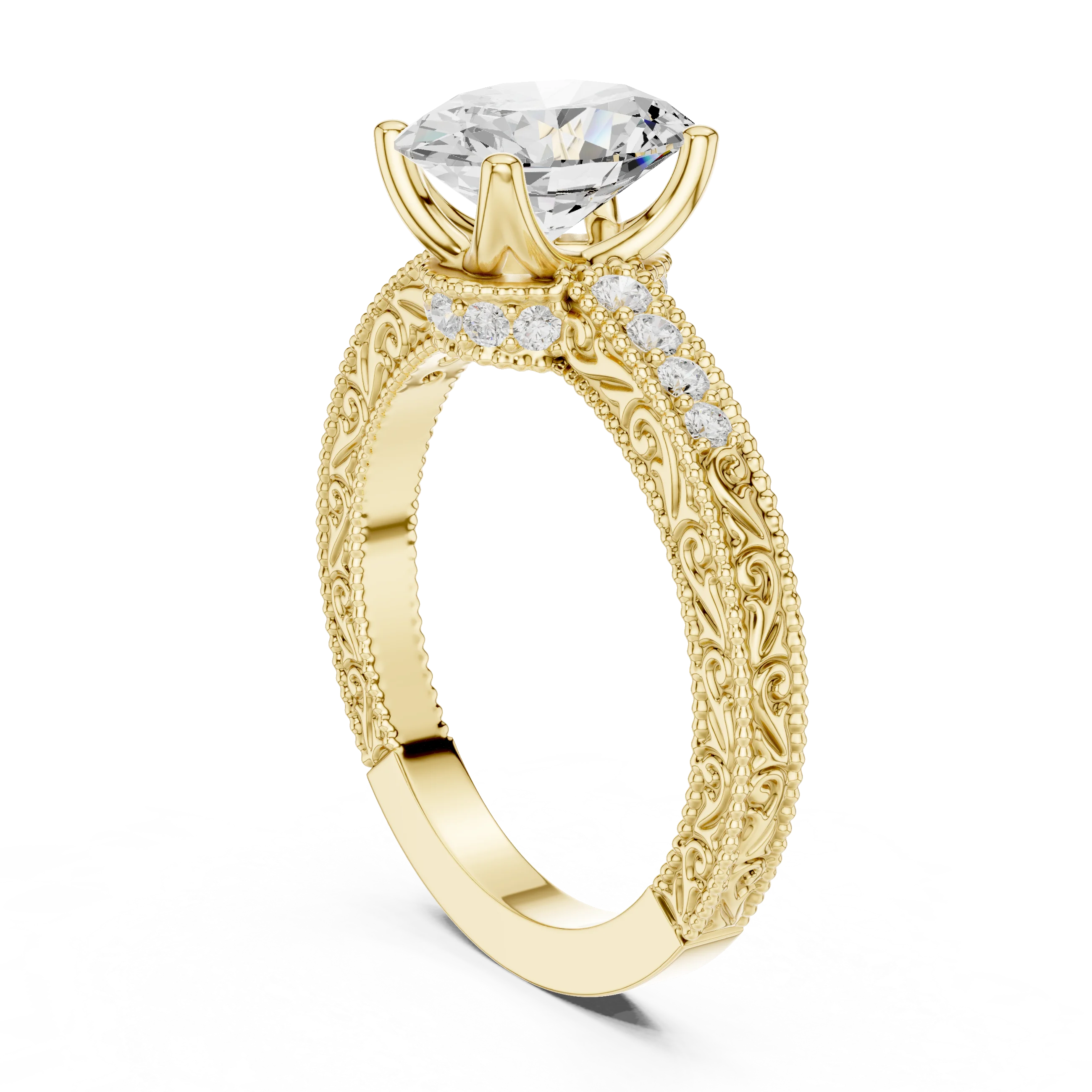 Front view of oval vintage filigree yellow gold ring with milgrain and channel-set diamond band and oval lab diamond