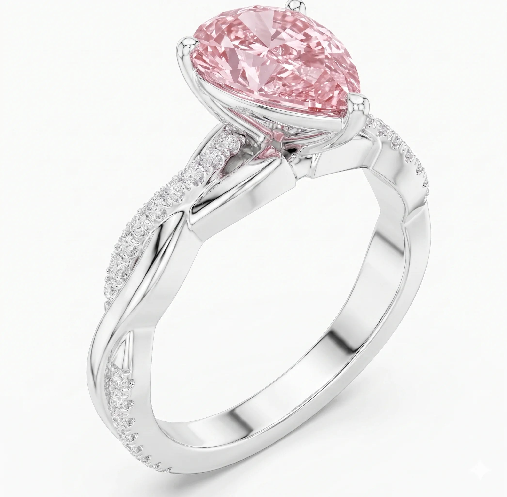 Side view of pear cut solitaire engagement ring with pink lab-grown diamond in white gold – Australia