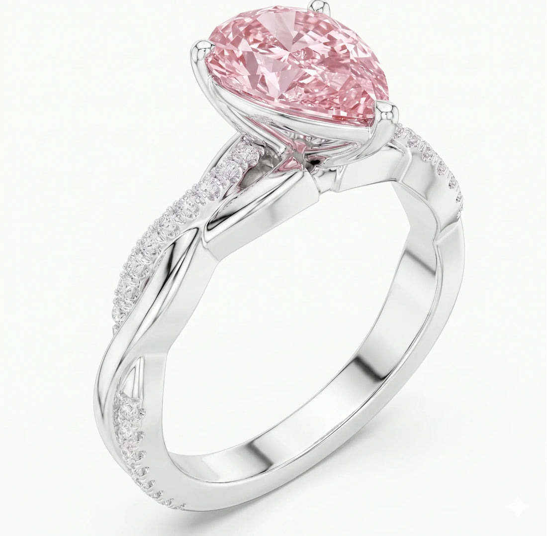 Side view of pear cut solitaire engagement ring with pink lab-grown diamond in white gold – Australia