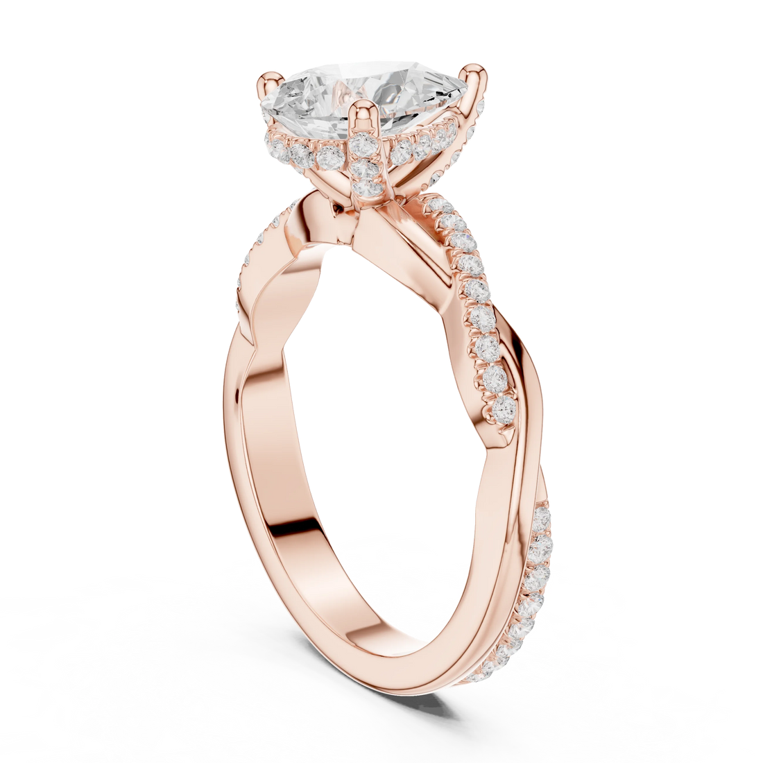 Back view of rose gold pear diamond ring with twisted vine pave band and lab-grown diamond – Australia