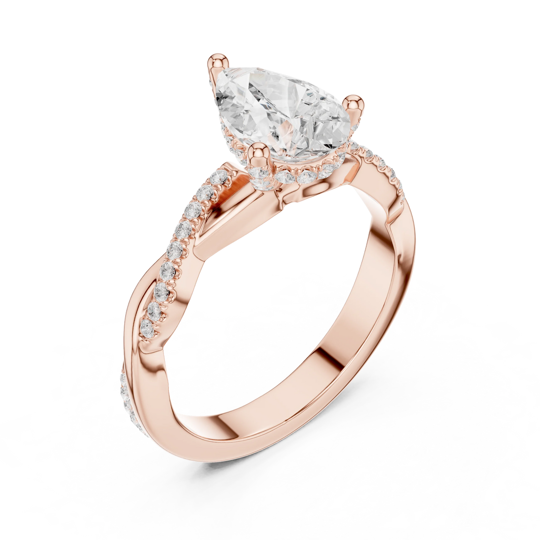 Front view of rose gold pear diamond ring with twisted vine pave band and lab-grown diamond – Australia