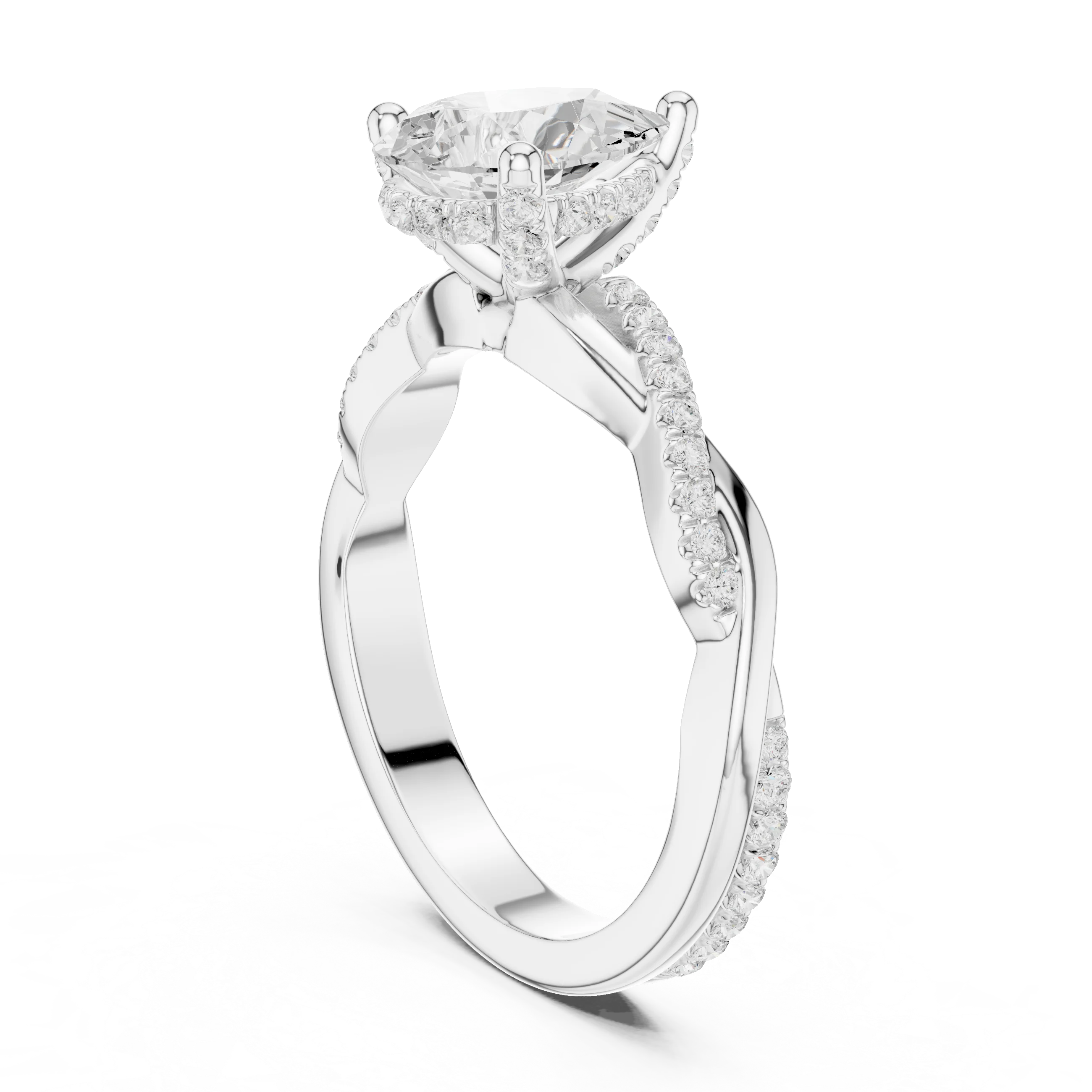 Back view of white gold pear diamond ring with twisted vine pave band and lab-grown diamond – Australia