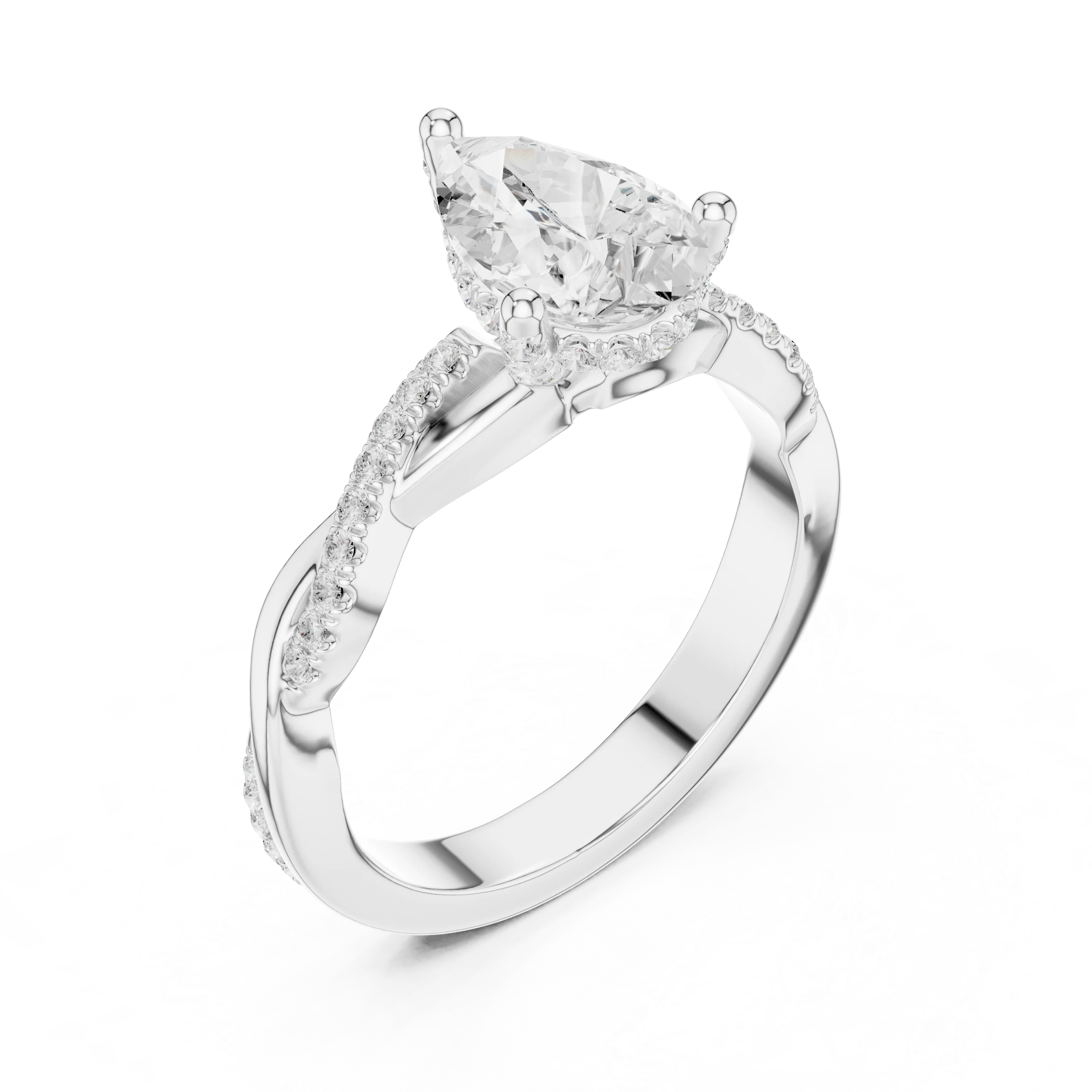 Front view of white gold pear diamond ring with twisted vine pave band and lab-grown diamond – Australia