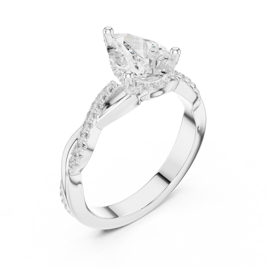 Front view of white gold pear diamond ring with twisted vine pave band and lab-grown diamond – Australia