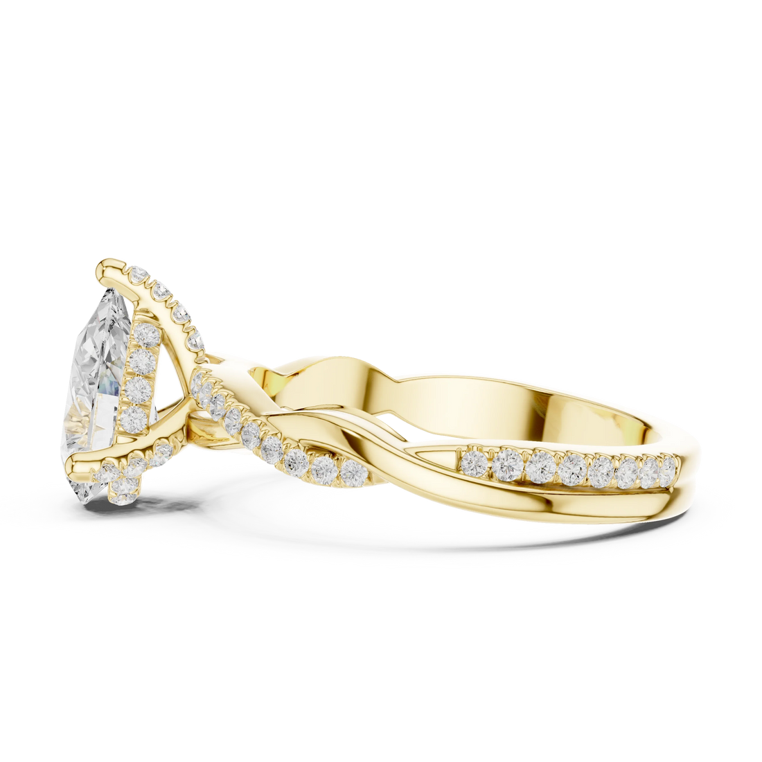 Side view of yellow gold pear diamond ring with twisted vine pave band and lab-grown diamond – Australia
