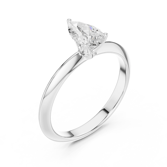 Front view of white gold pear cut diamond solitaire ring, showcasing center stone.