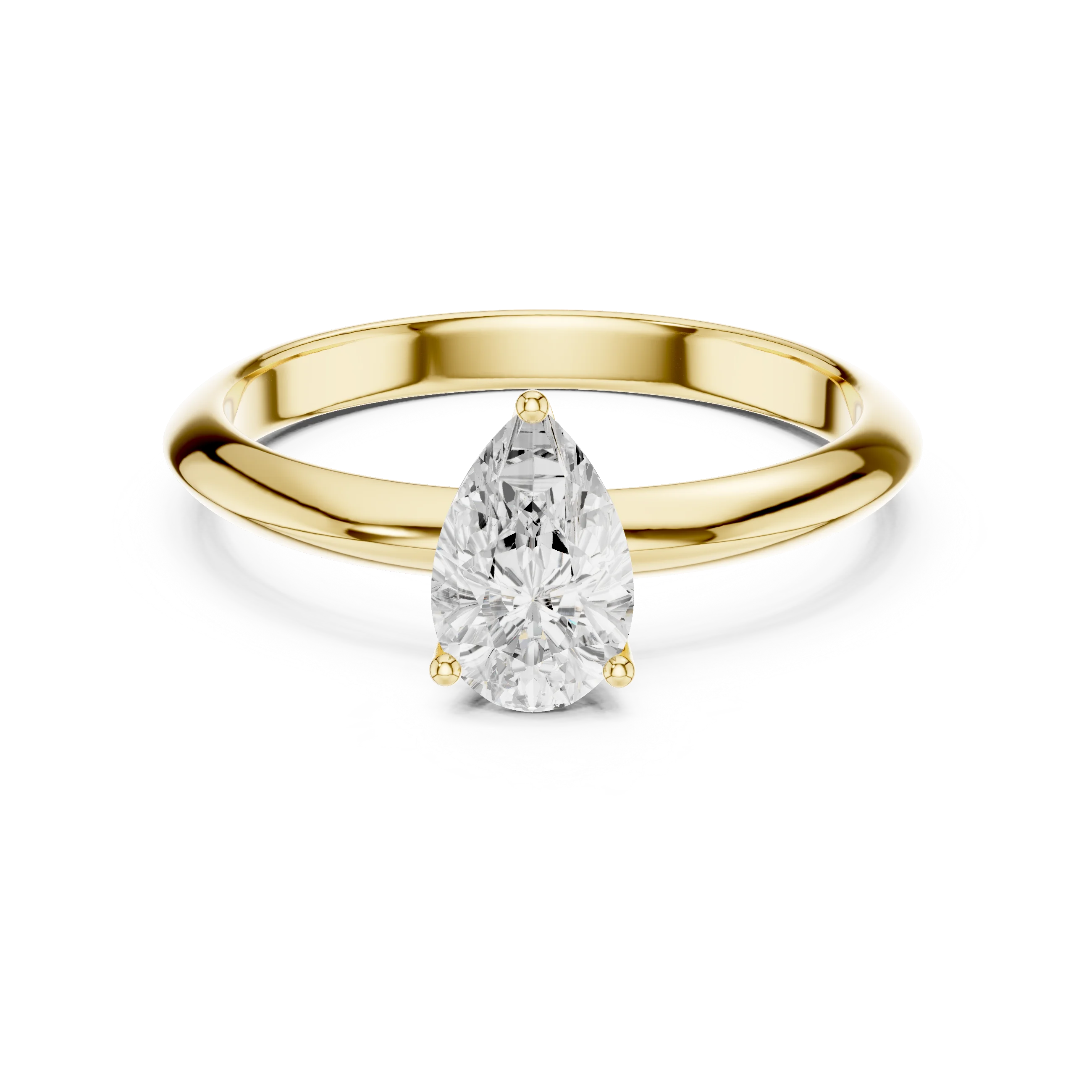 Lab-grown pear cut diamond solitaire ring in yellow gold, classic top view