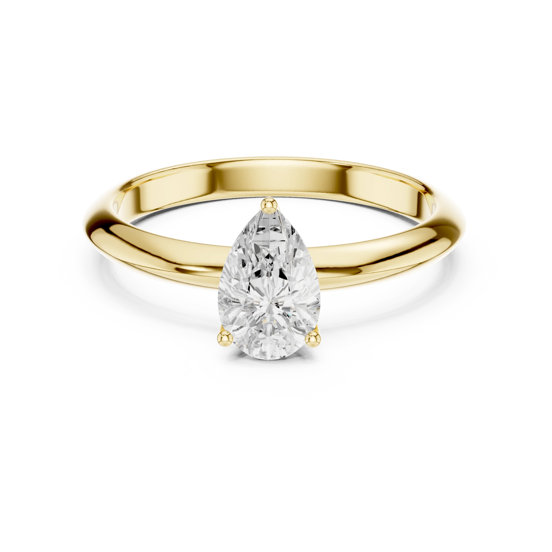 Lab-grown pear cut diamond solitaire ring in yellow gold, classic top view
