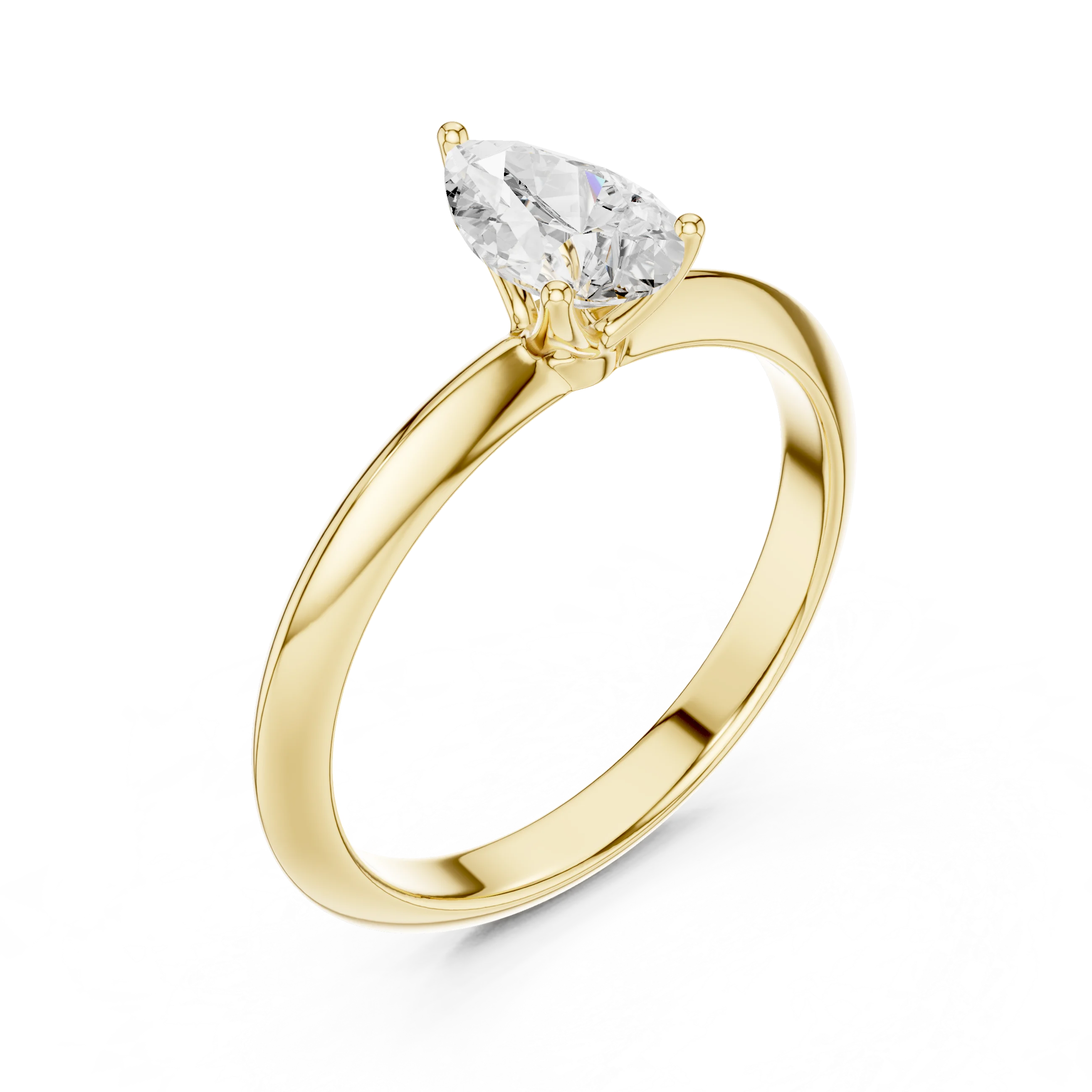 Front view of yellow gold pear diamond solitaire ring, emphasizing brilliance