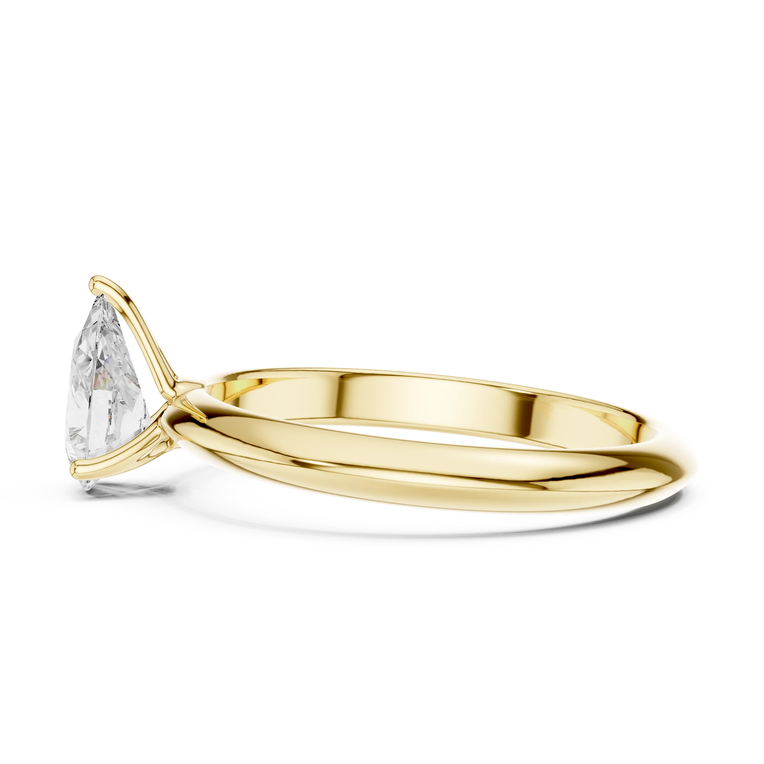 Side profile of yellow gold pear cut diamond solitaire ring, highlighting stone height