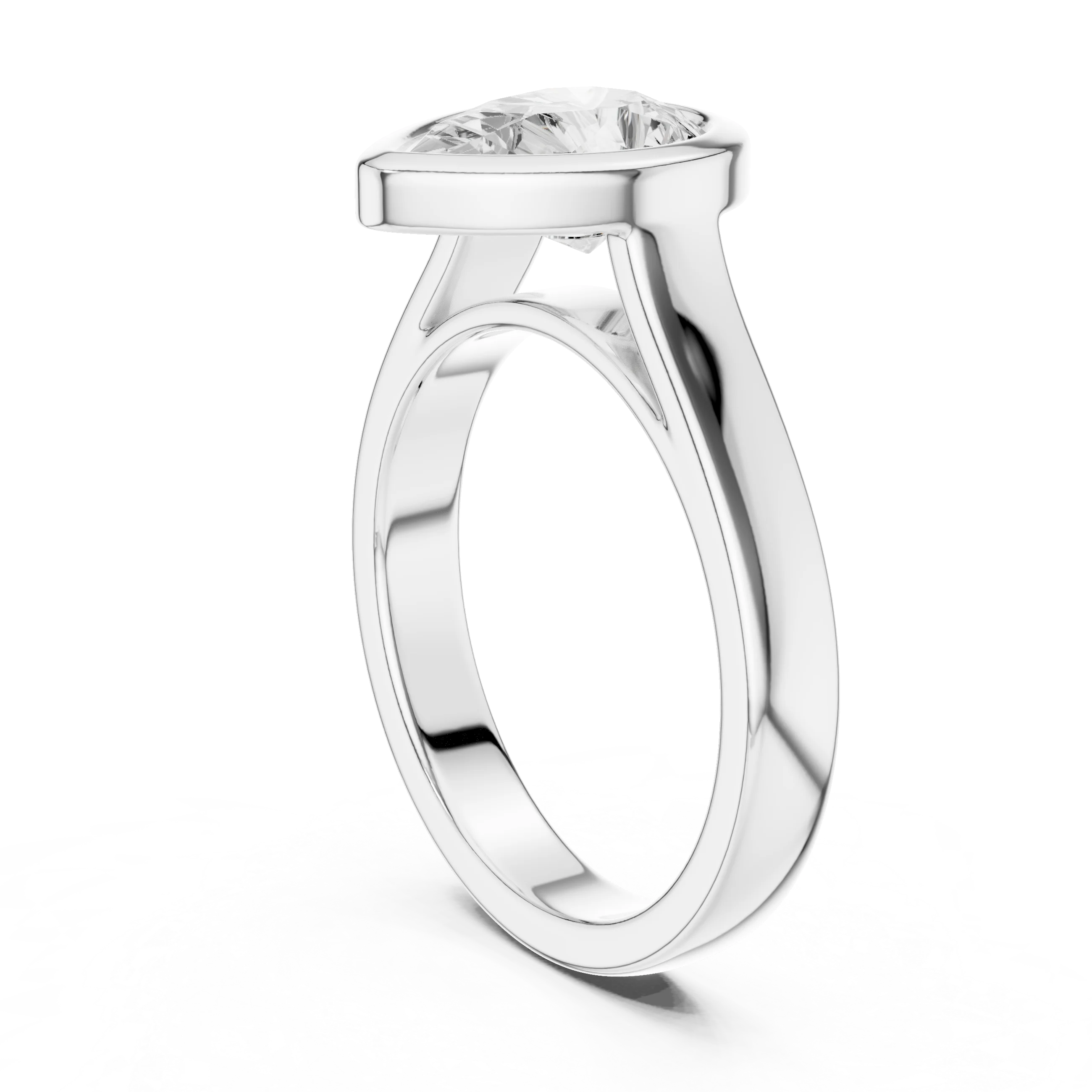 Back view of white gold pear full bezel solitaire ring with wide flat band and lab-grown diamond – Australia