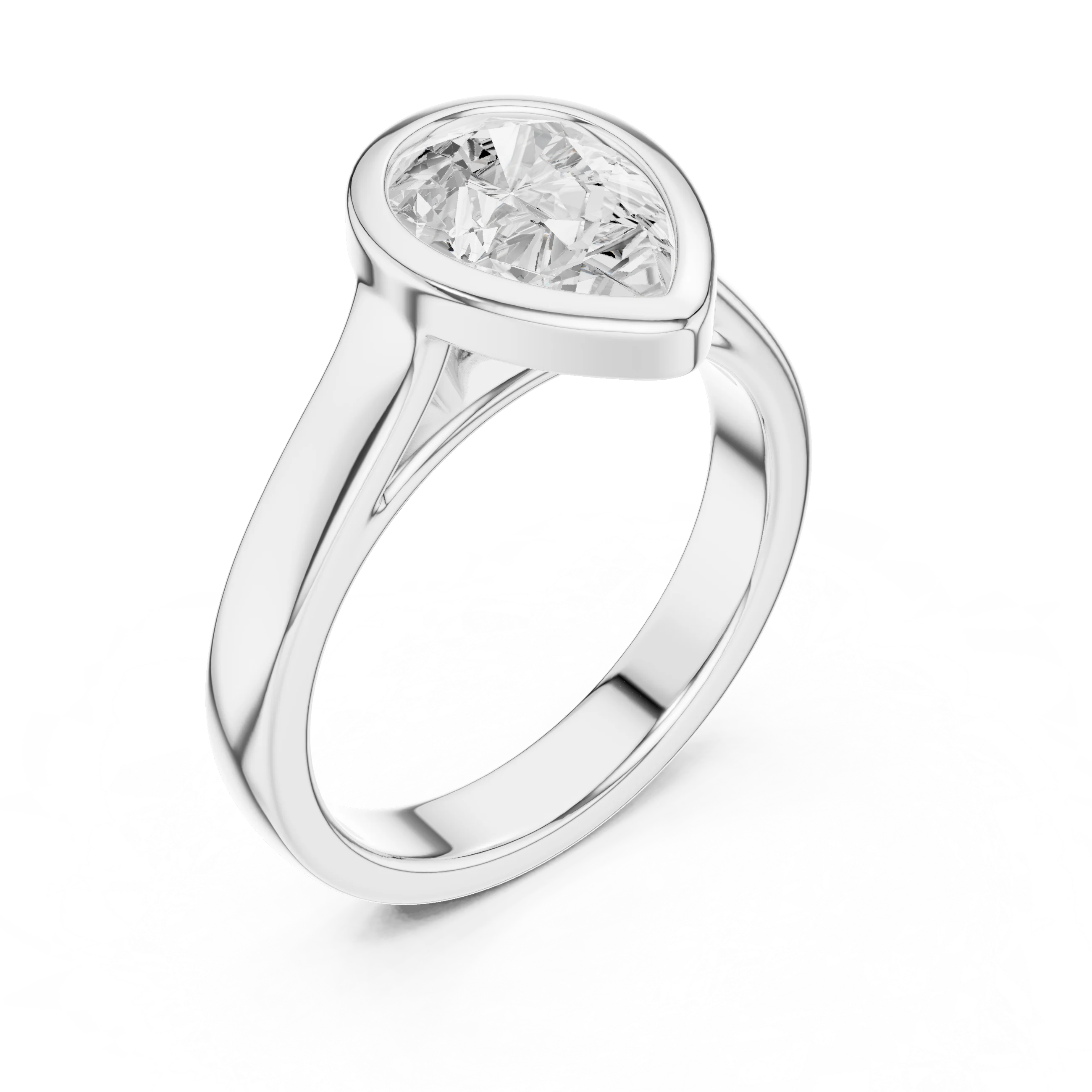Front view of white gold pear full bezel solitaire ring with wide flat band and lab-grown diamond – Australia