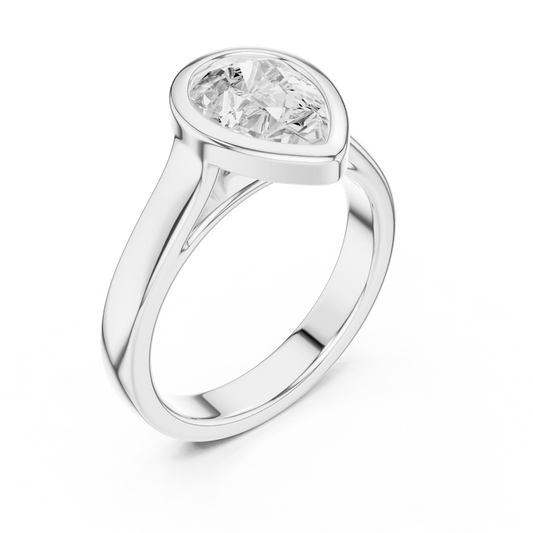 Front view of white gold pear full bezel solitaire ring with wide flat band and lab-grown diamond – Australia