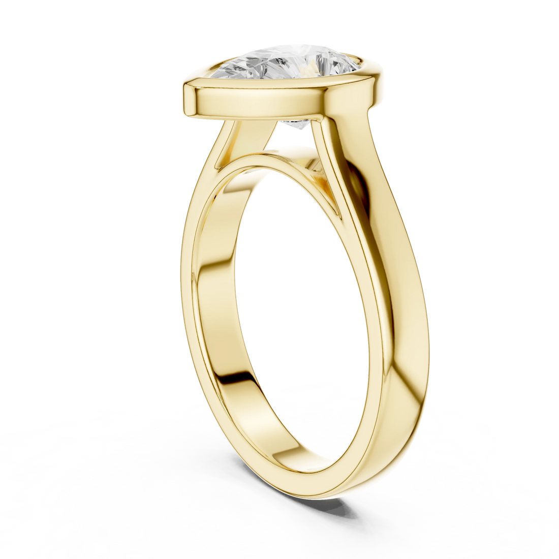 Back view of yellow gold pear full bezel solitaire ring with wide flat band and lab-grown diamond – Australia