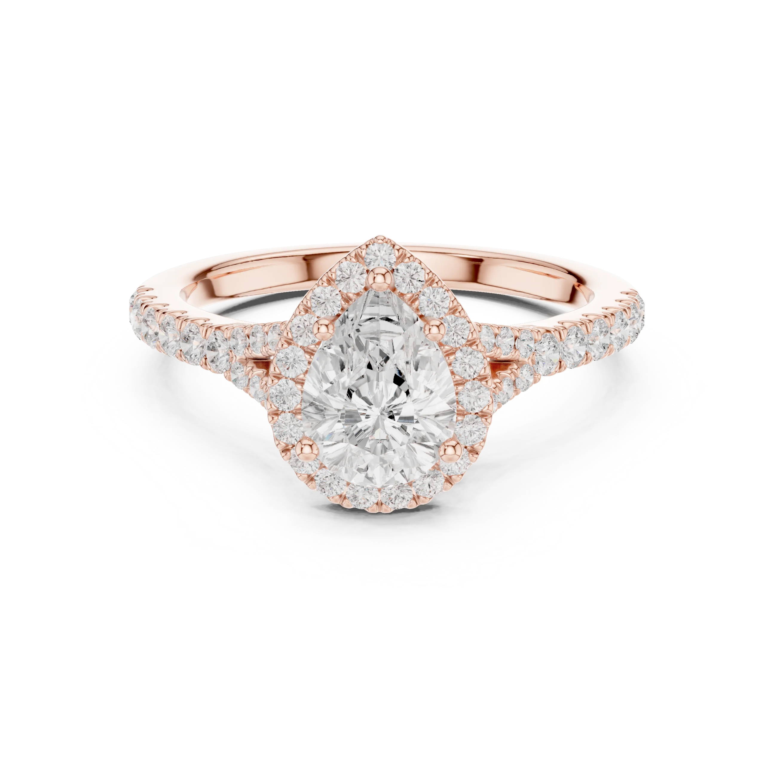 Lab-grown pear halo diamond ring in rose gold with pavé split shank band