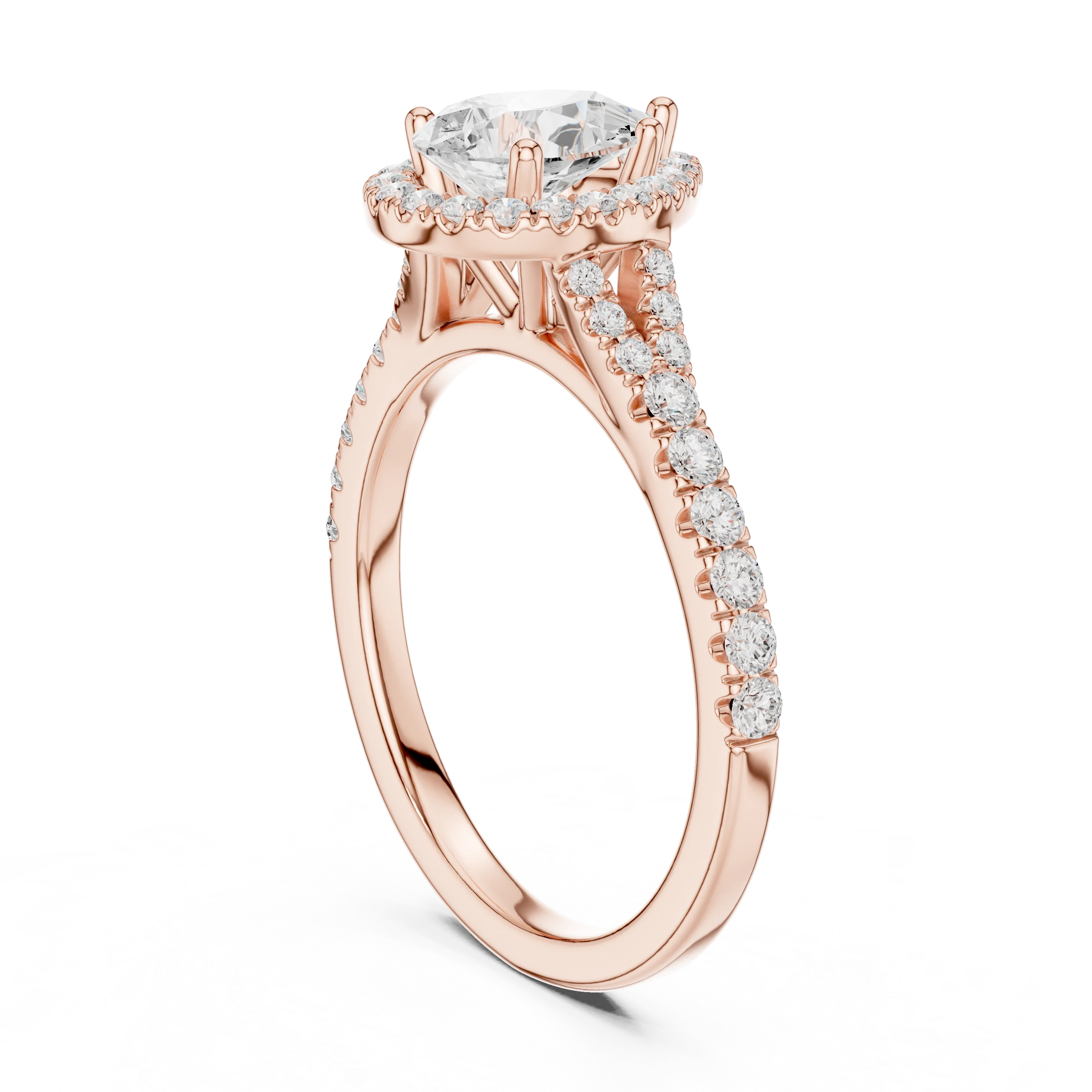 Back side view of rose gold pear halo ring showing pavé split shank band and setting details