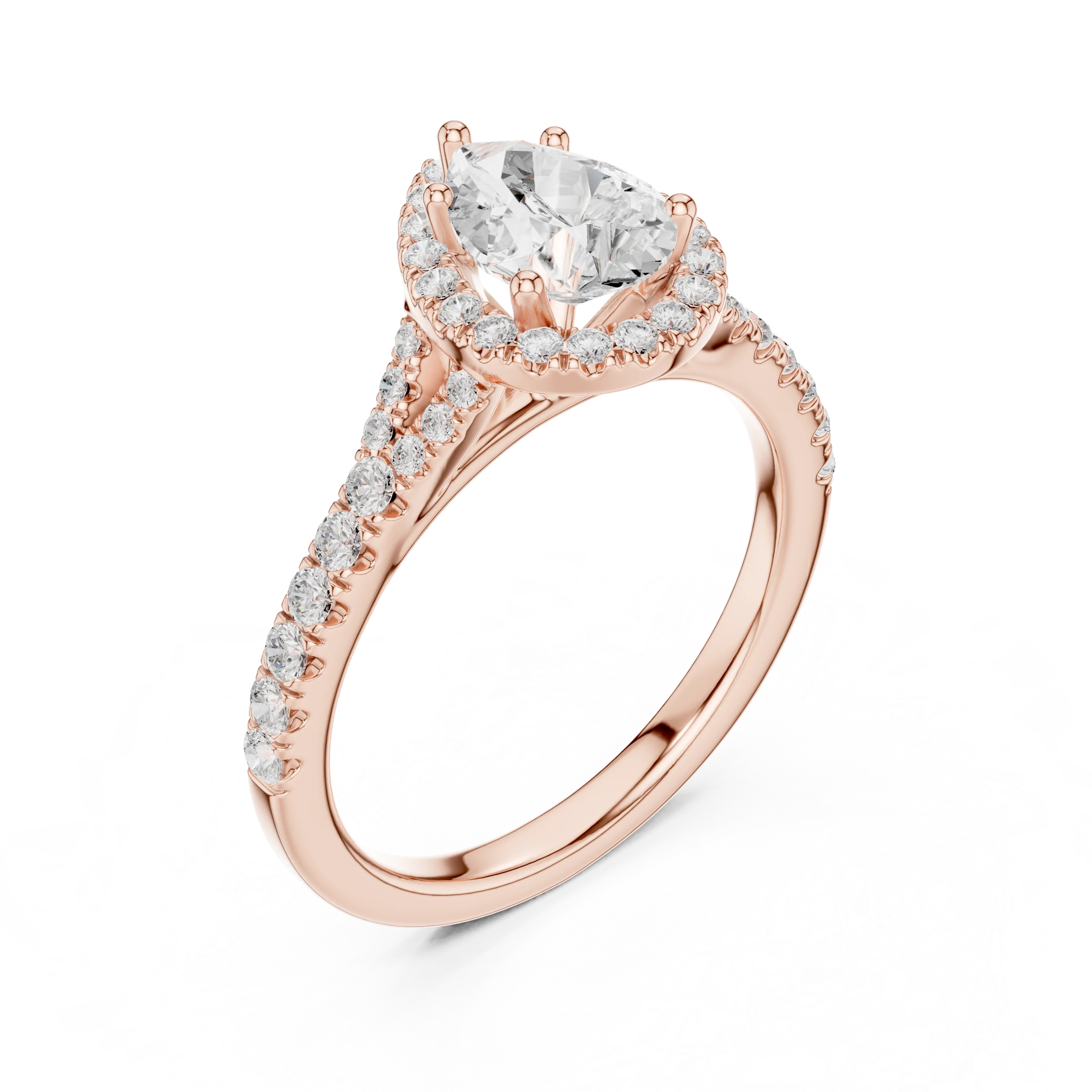 Front view of rose gold pear halo ring with pavé split shank band and center diamond