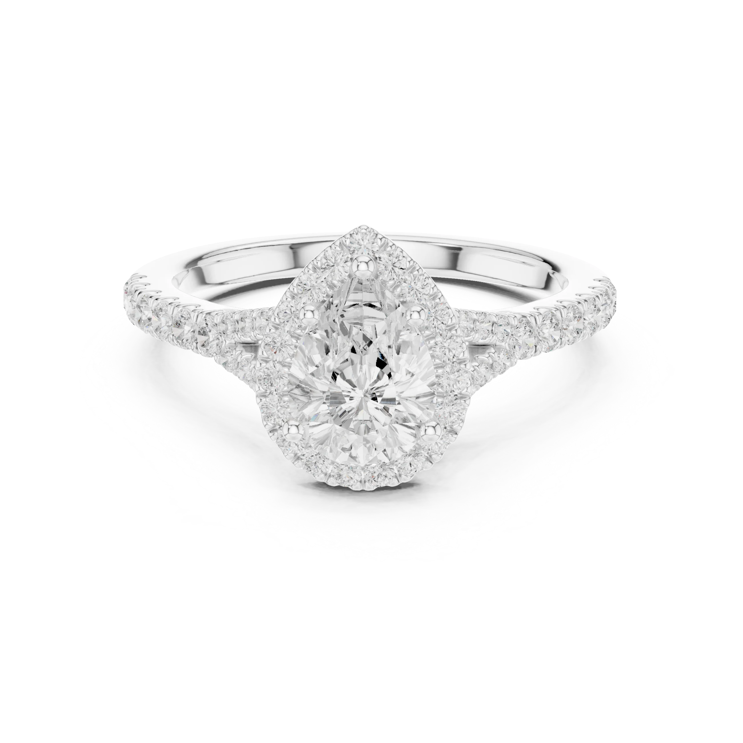 Lab-grown pear halo diamond ring in white gold with pavé split shank band