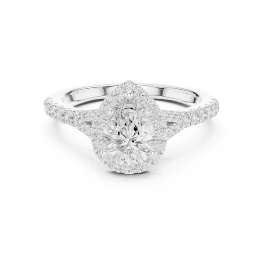 Lab-grown pear halo diamond ring in white gold with pavé split shank band