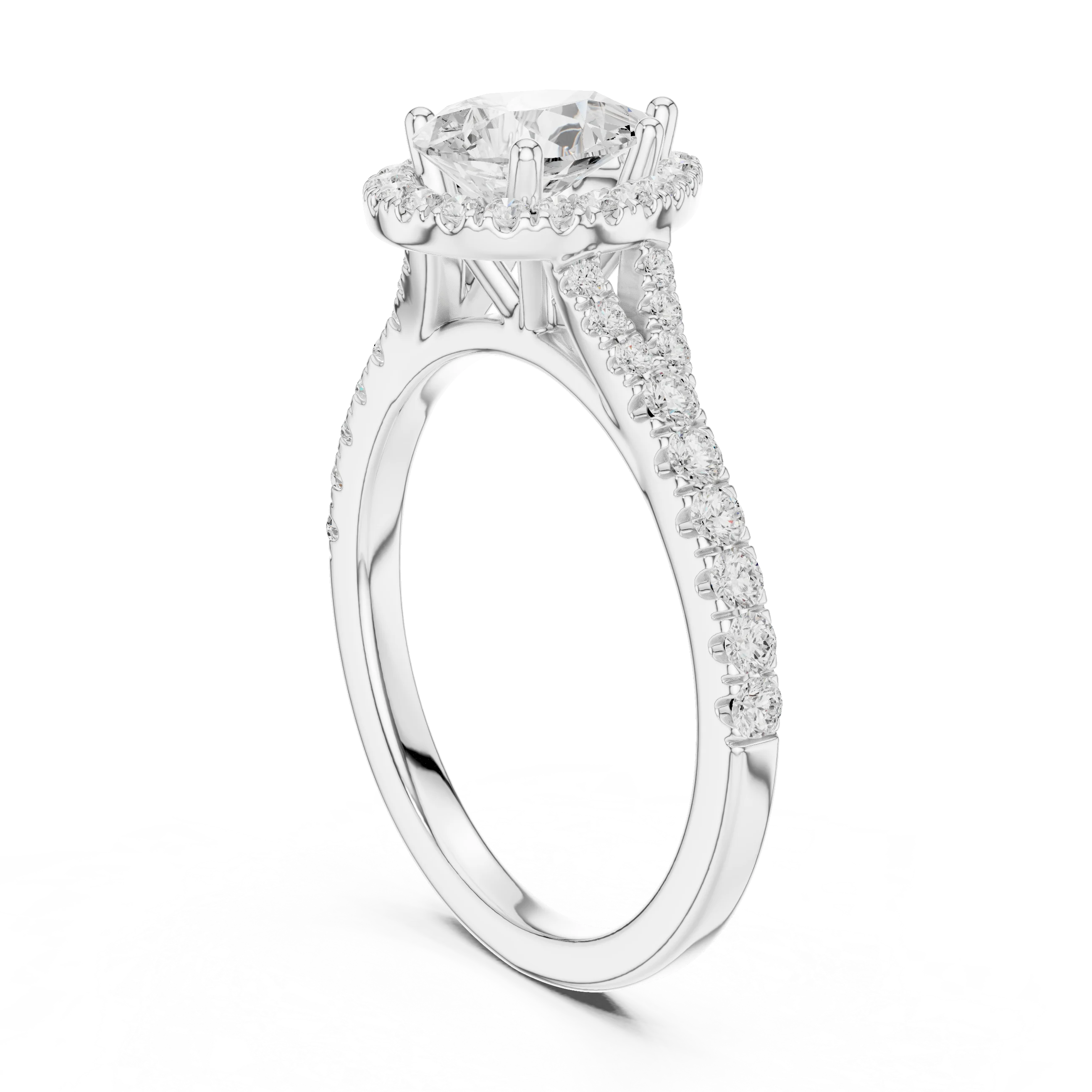 Back side view of white gold pear halo ring showing pavé split shank band and setting details