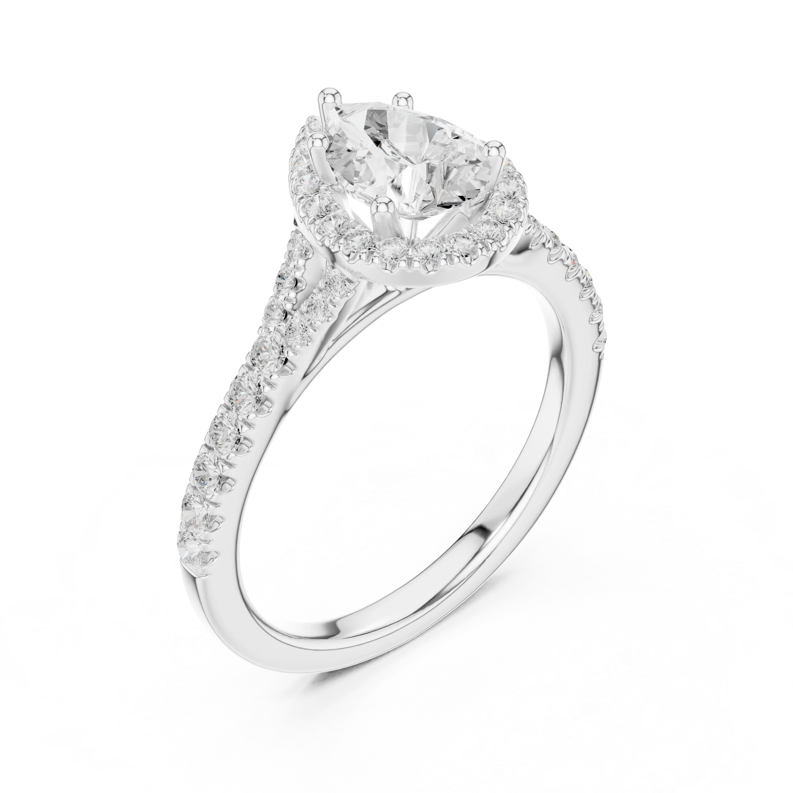 Front view of white gold pear halo ring with pavé split shank band and center diamond