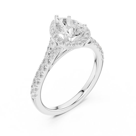 Front view of white gold pear halo ring with pavé split shank band and center diamond