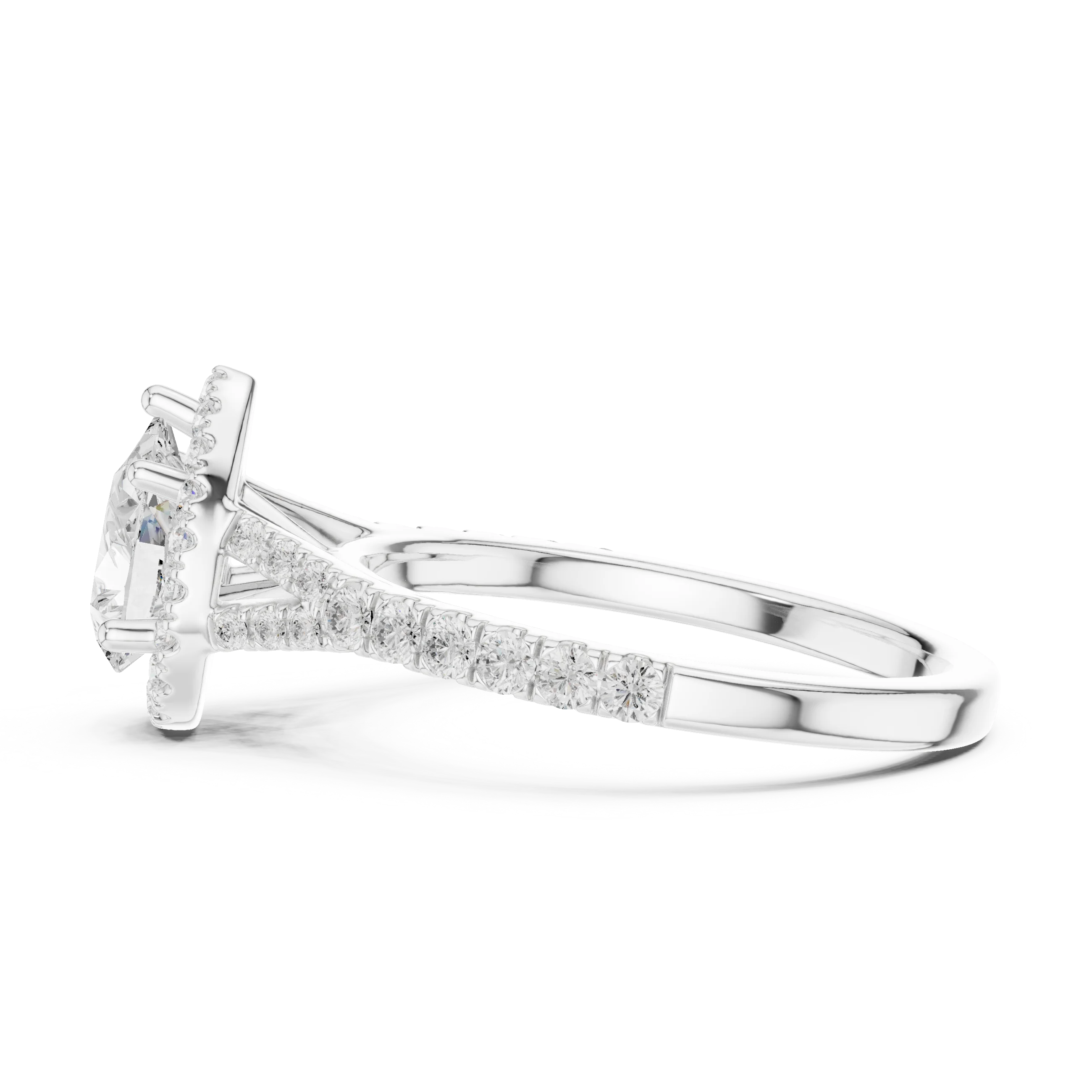 Side view of white gold pear halo ring with pavé split shank band and elevated halo setting