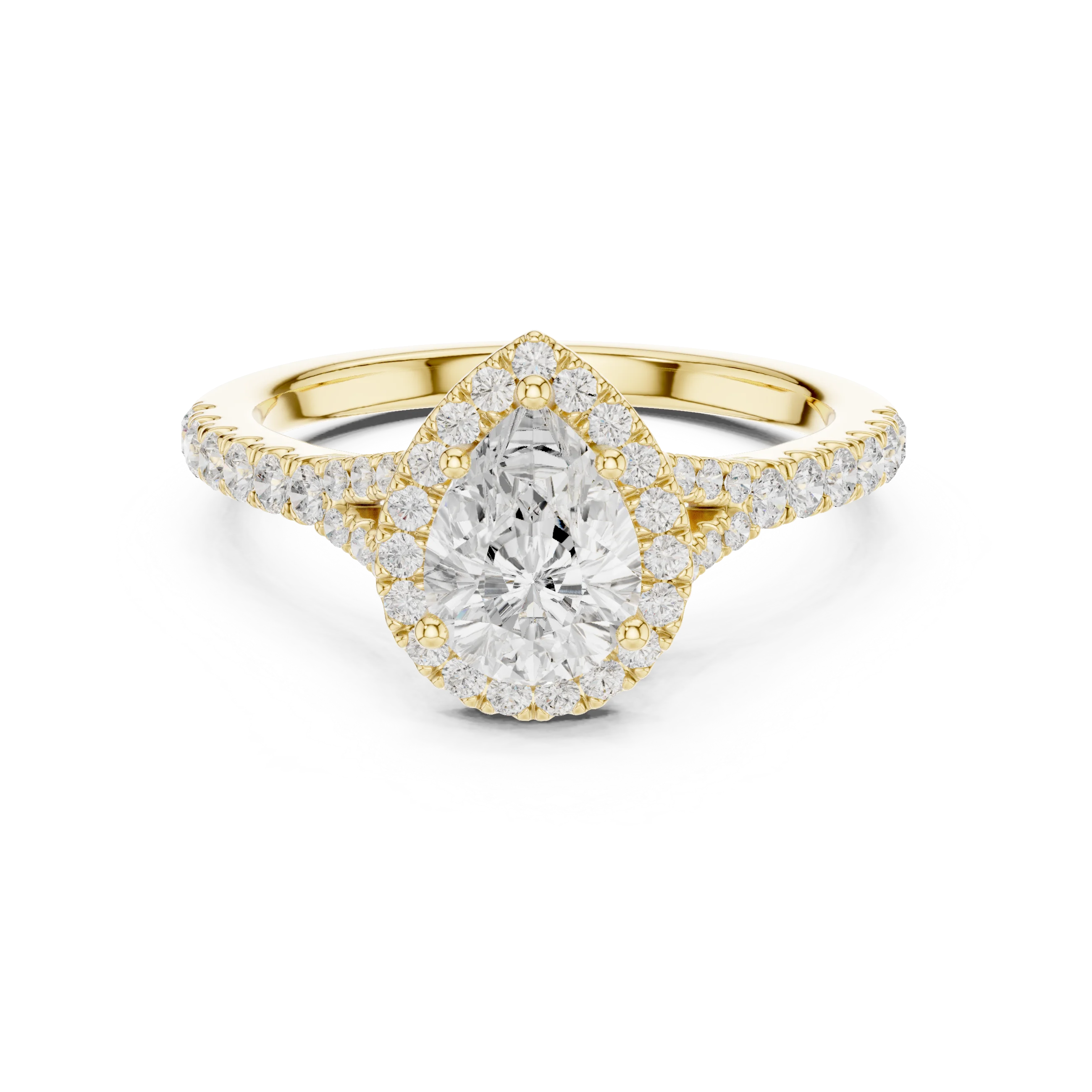 Lab-grown pear halo diamond ring in yellow gold with pavé split shank band