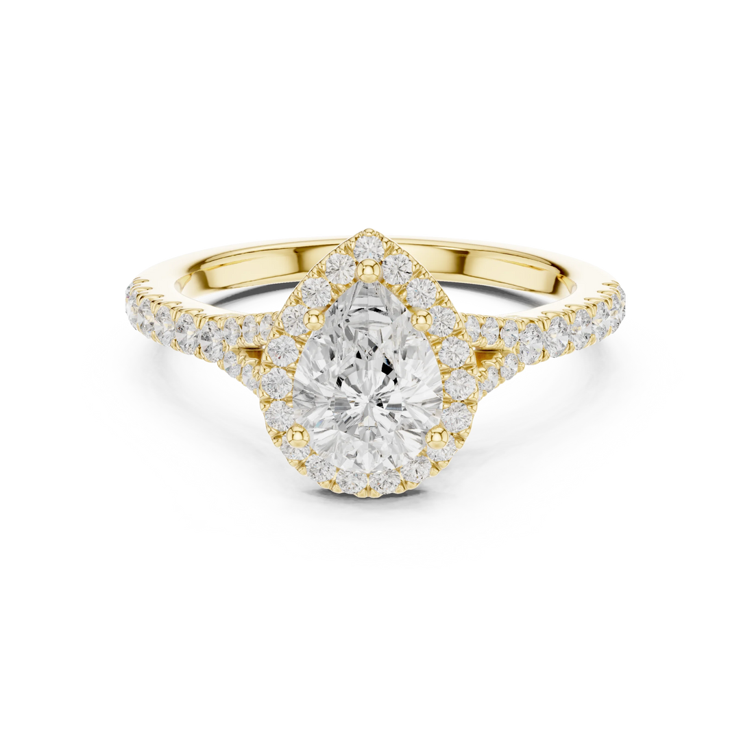 Lab-grown pear halo diamond ring in yellow gold with pavé split shank band