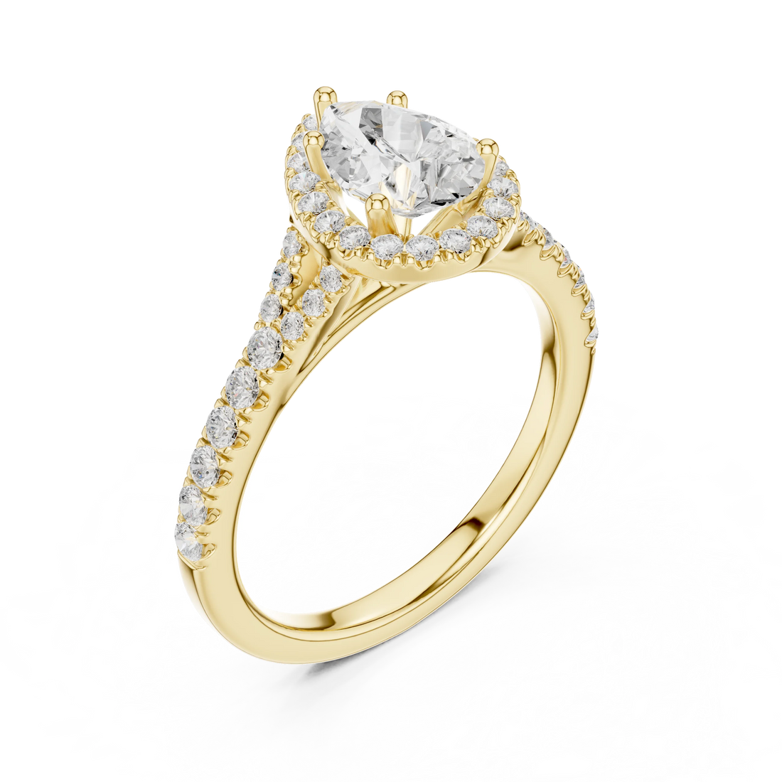 Front view of yellow gold pear halo ring with pavé split shank band and center diamond