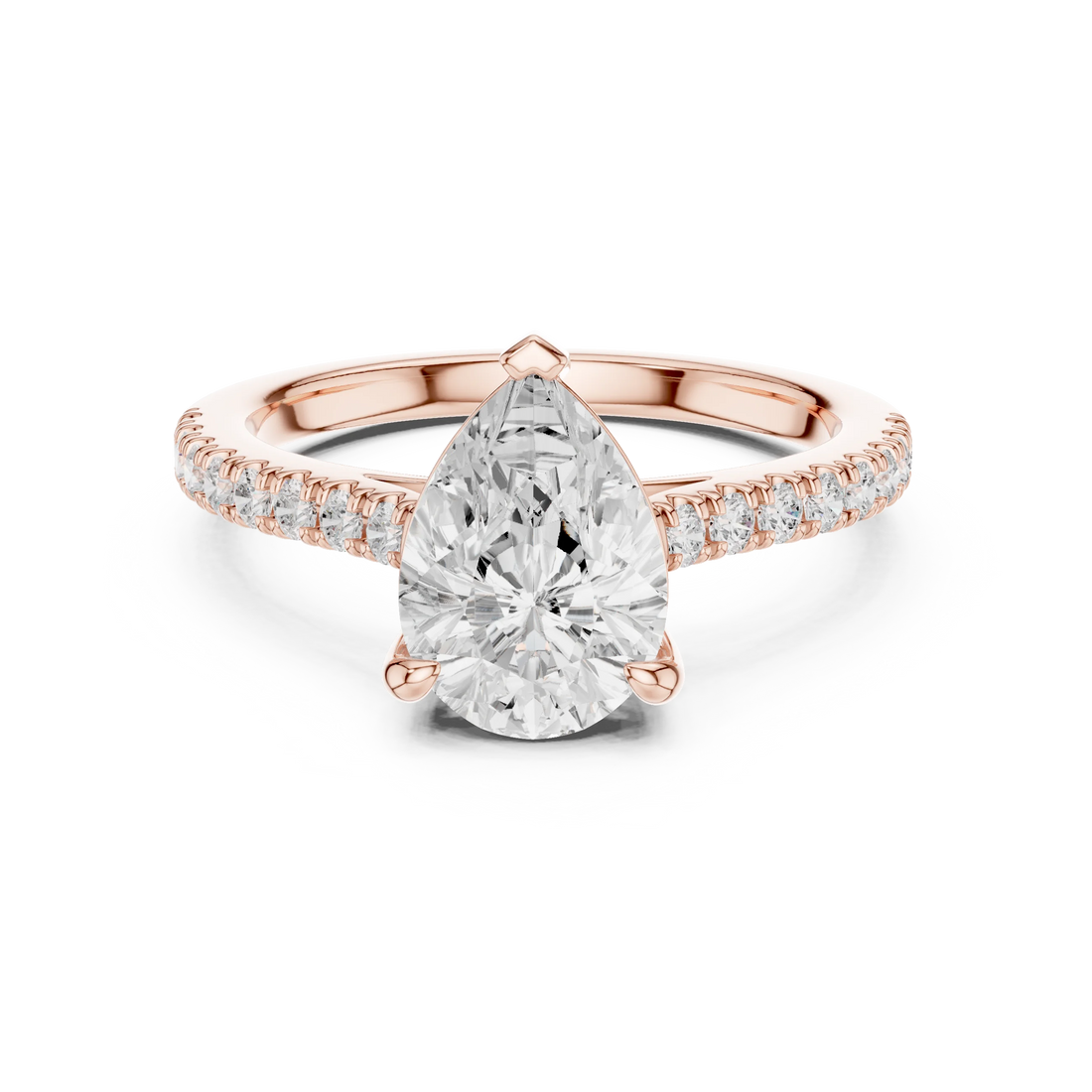 Pear halo engagement ring with pavé diamond band in rose gold, lab grown diamond, Australia DFE